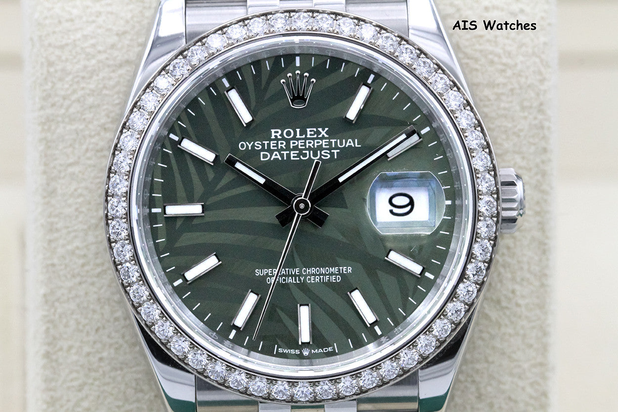 Rolex Datejust 36MM 126284RBR Diamond Bezel Jubilee Palm Green Dial B&P