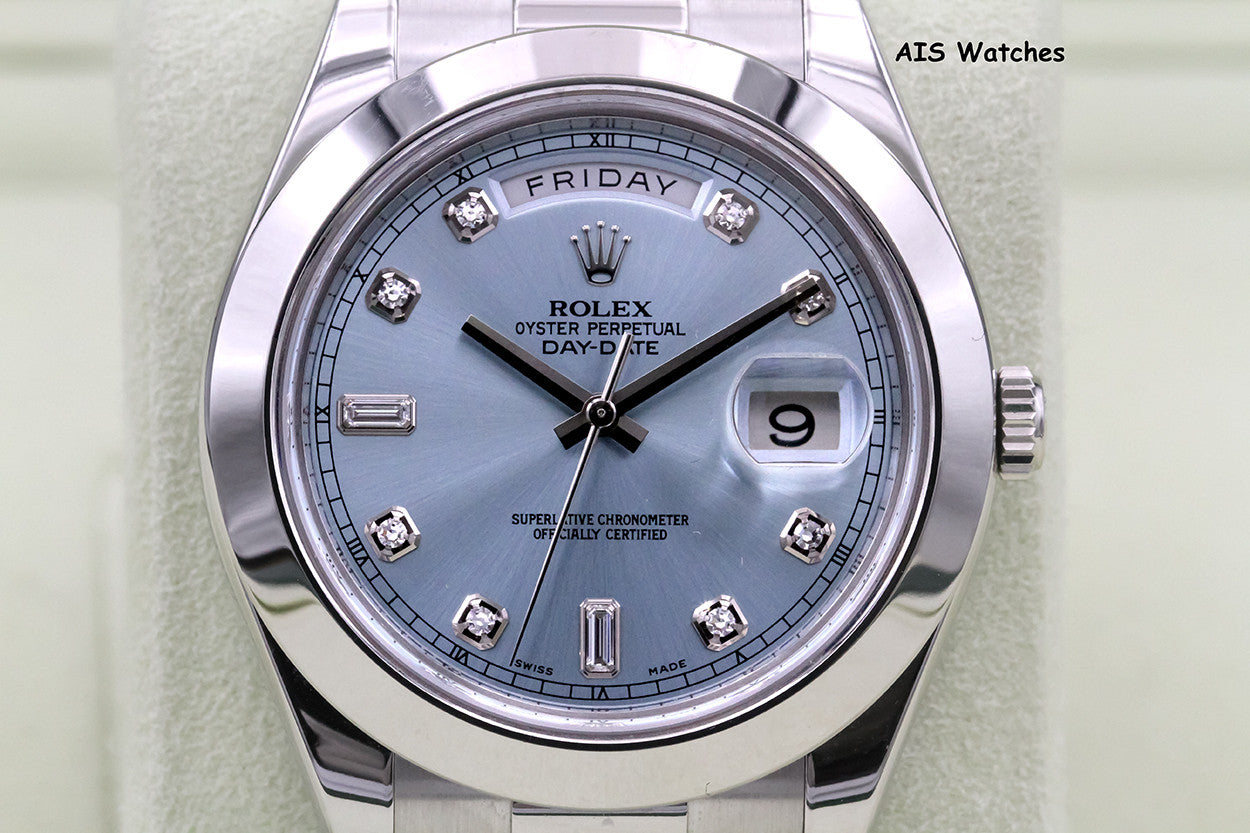 Rolex 218206 Platinum DayDate II 41MM DD2 Glacier Ice Blue Diamond Dial Box & Paper