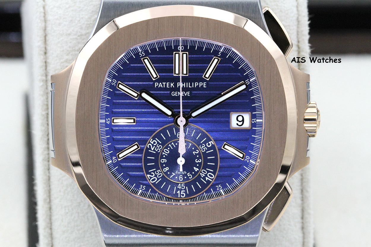 Patek Philippe Nautilus 5980/1AR Chronograph 18K Rose Gold / Stainless Steel Blue Dial Box & Papers