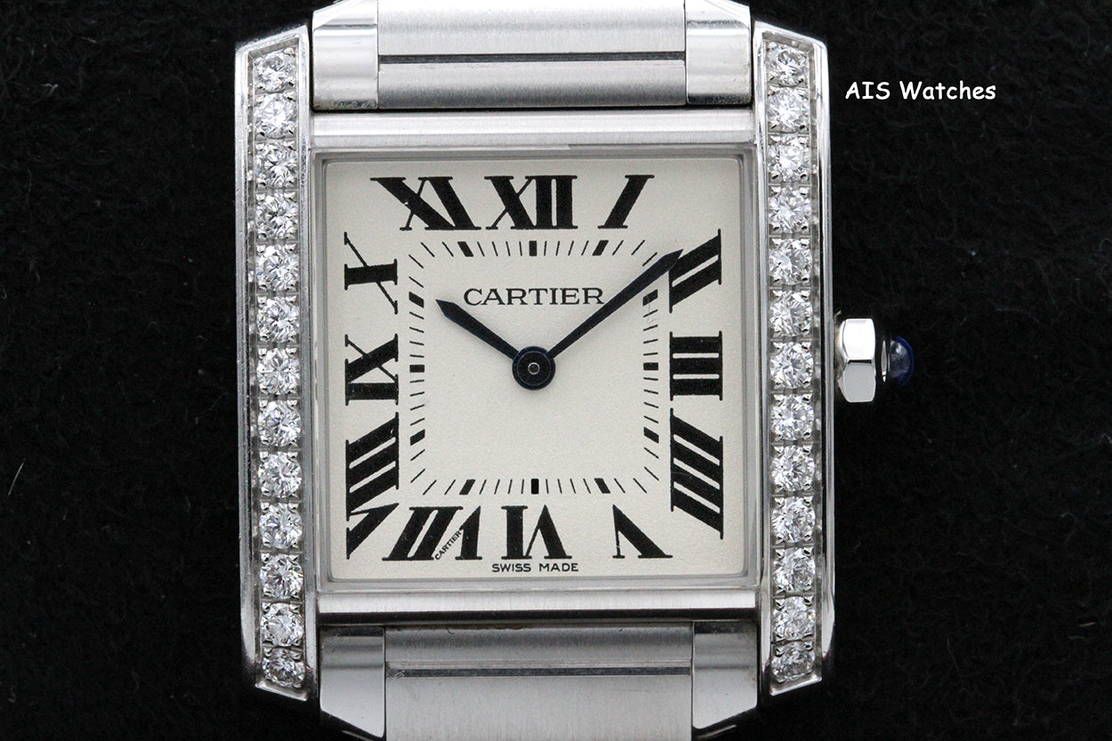 Cartier Tank Francaise W4TA0009 Medium Diamond Bezel Quartz Silver Dial B&P