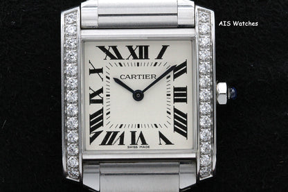 Cartier Tank Francaise W4TA0009 Medium Diamond Bezel Quartz Silver Dial B&P
