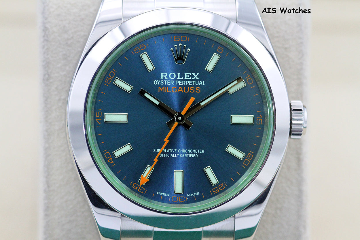 Rolex Milgauss Z-BLUE 116400GV Green Crystal Blue Dial 2017 Box & Papers