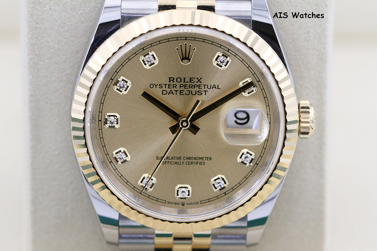 BNIB Rolex 126233 DateJust 36MM 18K YG/SS Champagne Diamond Dial Jubilee Bracelet B&P