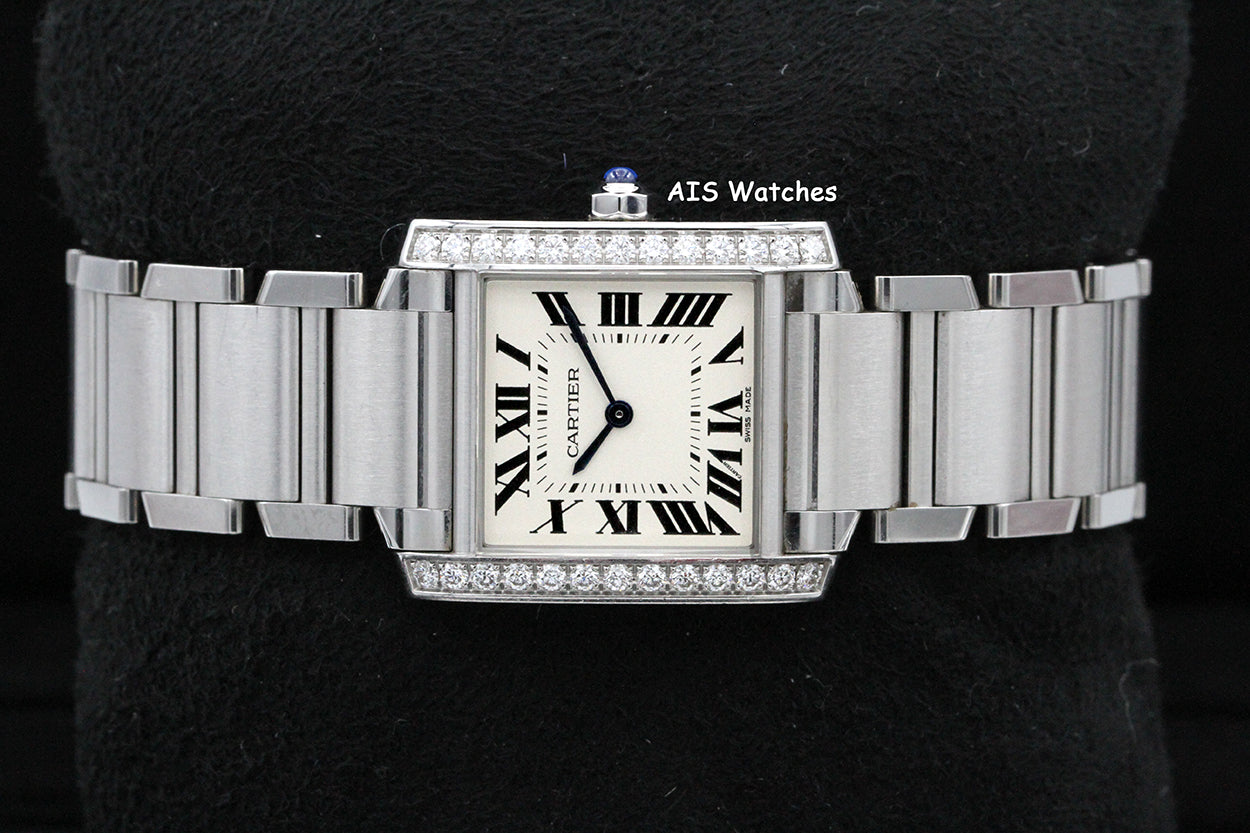 Cartier Tank Francaise W4TA0009 Medium Diamond Bezel Quartz Silver Dial B&P