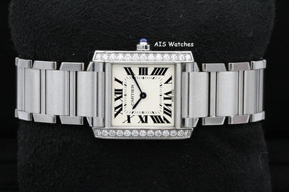 Cartier Tank Francaise W4TA0009 Medium Diamond Bezel Quartz Silver Dial B&P