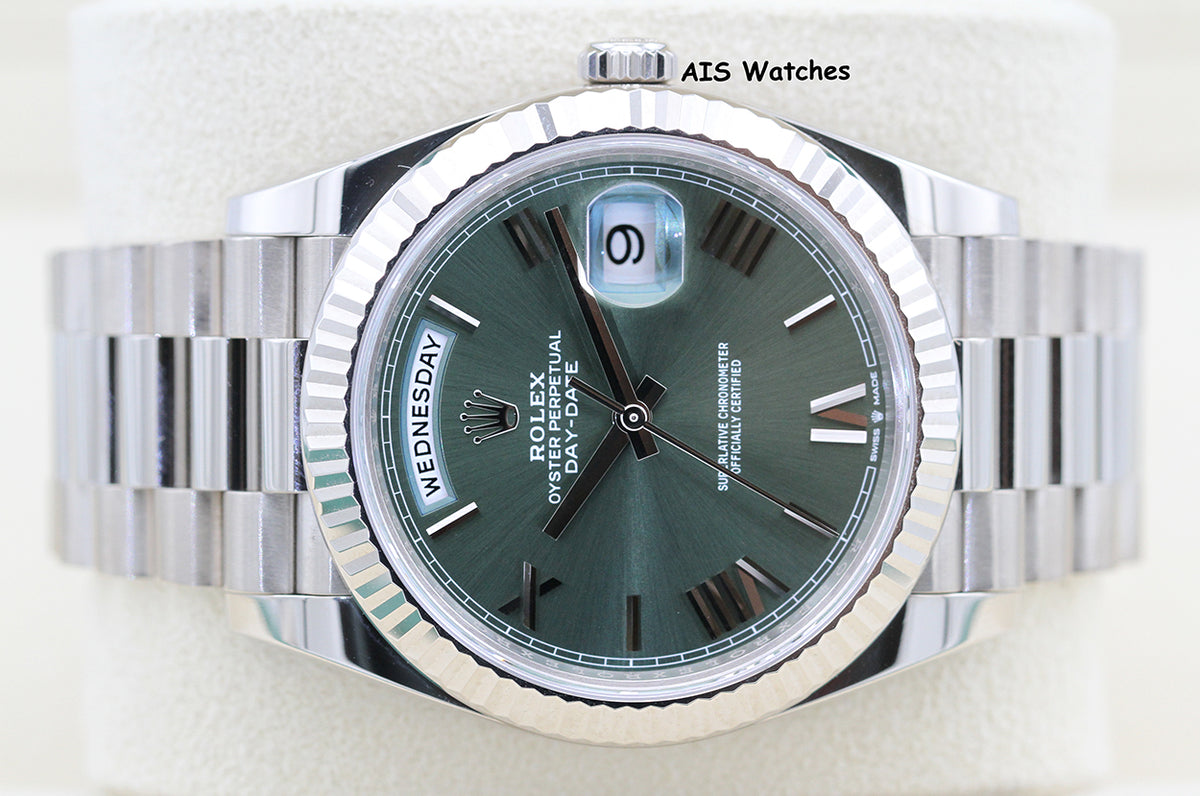 Rolex 228239 DayDate 40MM DD40 18K White Gold Olive Green Roman Dial B&P