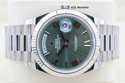 Rolex 228239 DayDate 40MM DD40 18K White Gold Olive Green Roman Dial B&P