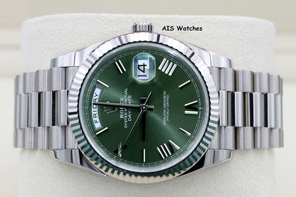 BNIB Rolex 228239 DayDate 40MM DD40 18K White Gold Olive Green Roman Dial B&P