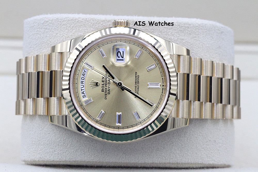 BNIB Rolex 228238 DayDate 40MM DD40 Yellow Gold Champagne Baguette Diamond Dial