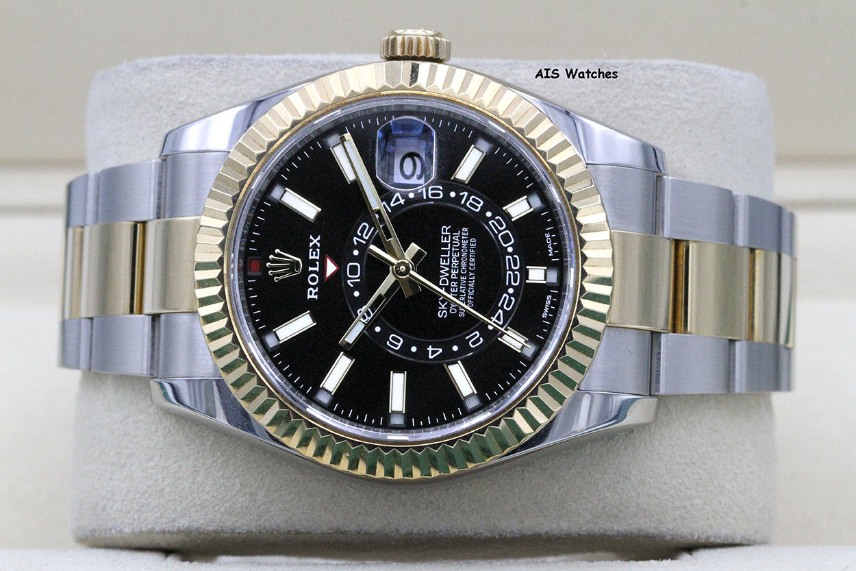 Rolex 326933 Sky-Dweller 18K Yellow Gold / SS Oyster Black Dial BP