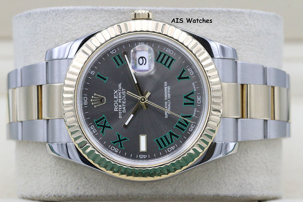 Rolex 116333 DateJust II 18K YG/SS Slate Roman Wimbledon Dial Oyster Box & Papers