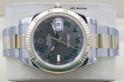 Rolex 116333 DateJust II 18K YG/SS Slate Roman Wimbledon Dial Oyster Box & Papers