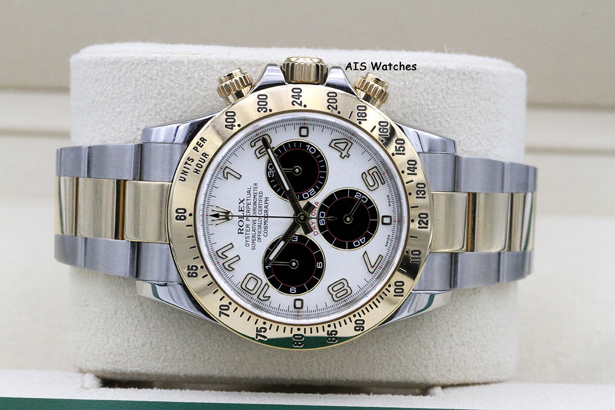 Rolex Daytona 116523 18K YG / SS Panda Arabic Racing Dial Box & Papers