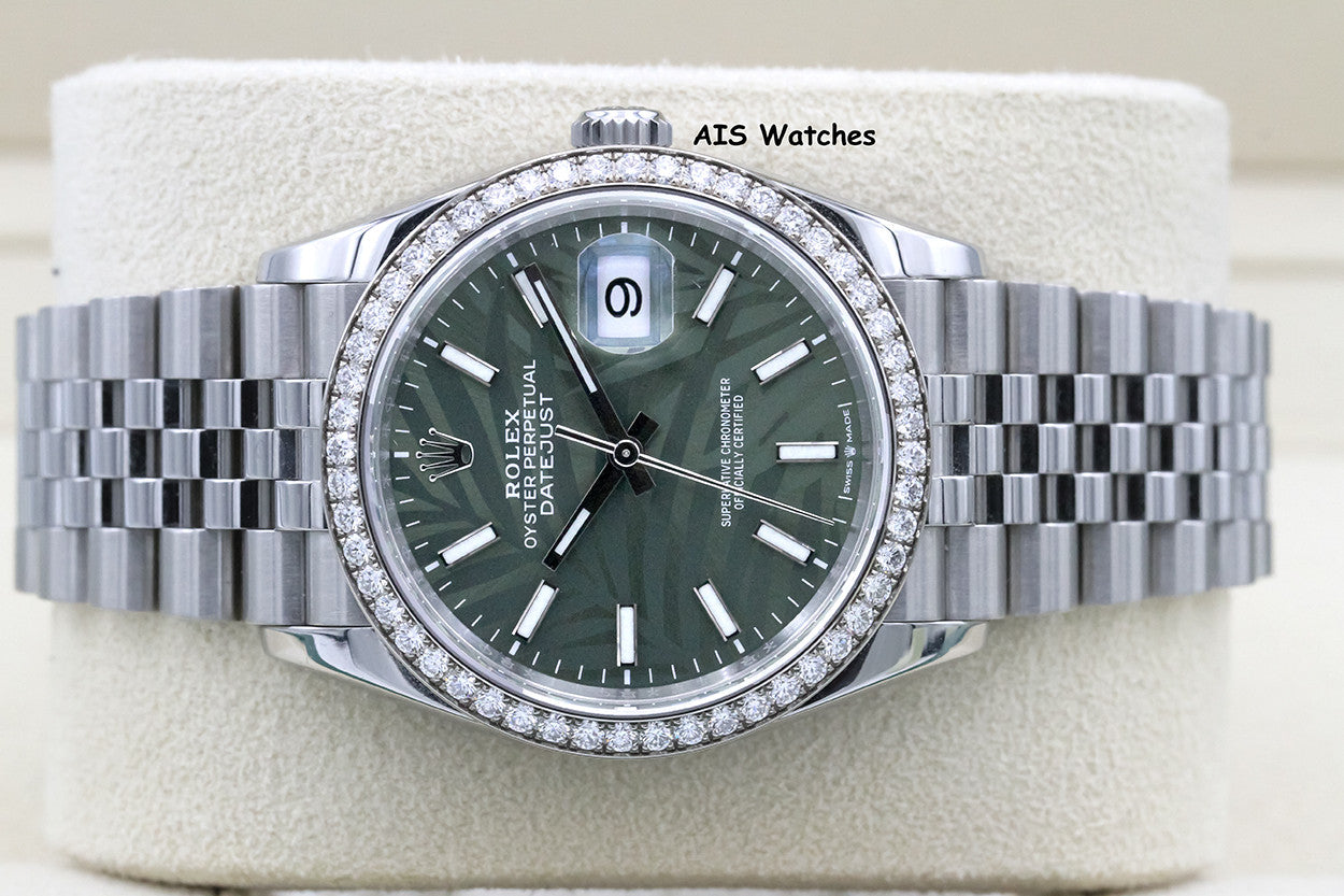 Rolex Datejust 36MM 126284RBR Diamond Bezel Jubilee Palm Green Dial B&P