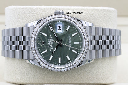 Rolex Datejust 36MM 126284RBR Diamond Bezel Jubilee Palm Green Dial B&P