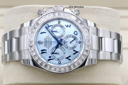 BNIB Rolex 116576TBR Platinum Daytona Cosmograph Ice Blue Arabic Dial Baguette Diamond Bezel B&P