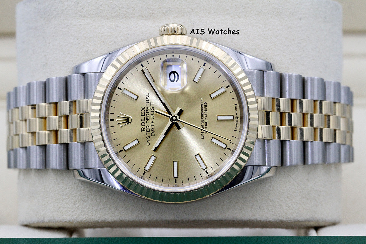 Rolex 126233 DateJust 36MM 18K YG/SS Champagne Stick Dial Jubilee Bracelet B&P