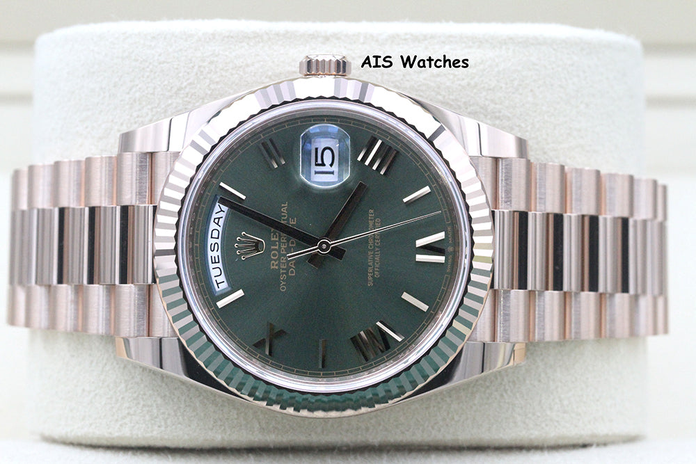 BNIB Rolex 228235 DayDate 40MM DD40 Rose Gold Olive Green Roman Dial B&P