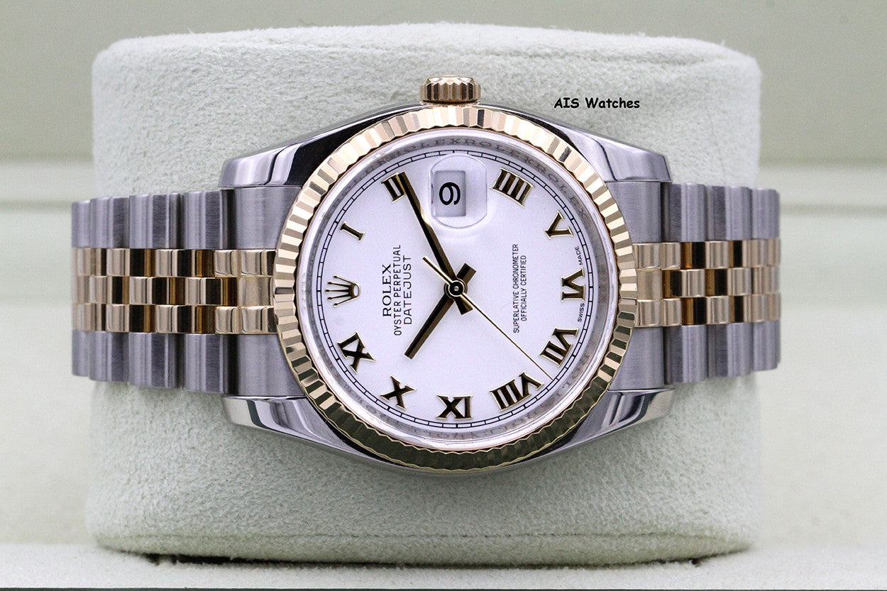 Rolex 116233 DateJust 36MM 18K YG/SS White Roman Dial Jubilee Bracelet B&P
