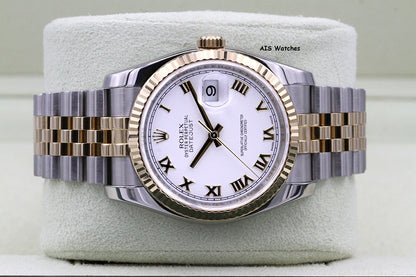 Rolex 116233 DateJust 36MM 18K YG/SS White Roman Dial Jubilee Bracelet B&P