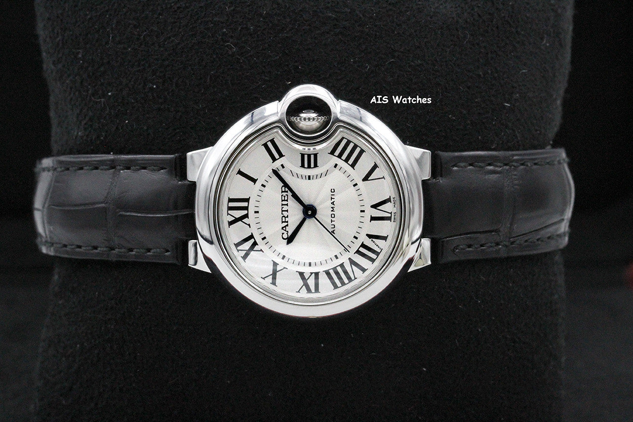 Cartier Ballon Bleu W6920085 SS 33MM Leather Strap Silver Dial Box & Papers