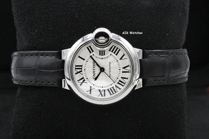 Cartier Ballon Bleu W6920085 SS 33MM Leather Strap Silver Dial Box & Papers
