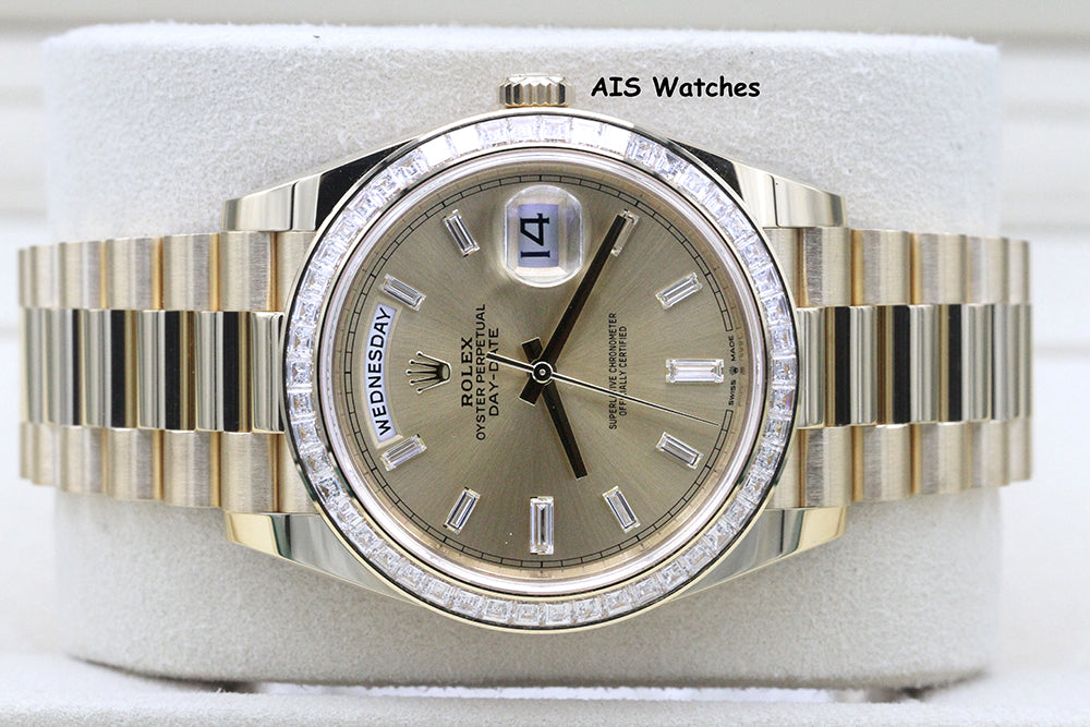 BNIB Rolex 228398TBR DayDate 40 18K YG Champagne Baguette Diamond Dial / Bezel