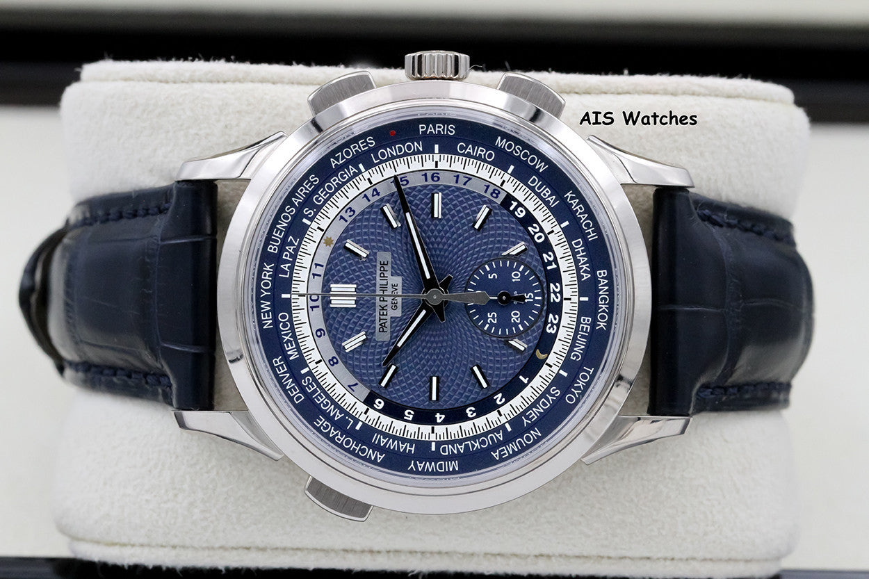 Patek Philippe 5930G World Time Chronograph White Gold Blue Dial Box & Paper
