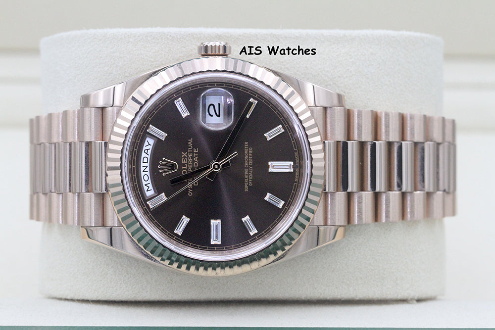 Rolex 228235 DayDate 40MM DD40 Rose Gold Chocolate Baguette Diamond Dial B&P