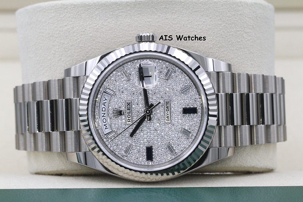 BNIB Rolex 228239 DayDate 40MM DD40 White Gold Diamond Pave Sapphire Baguettes