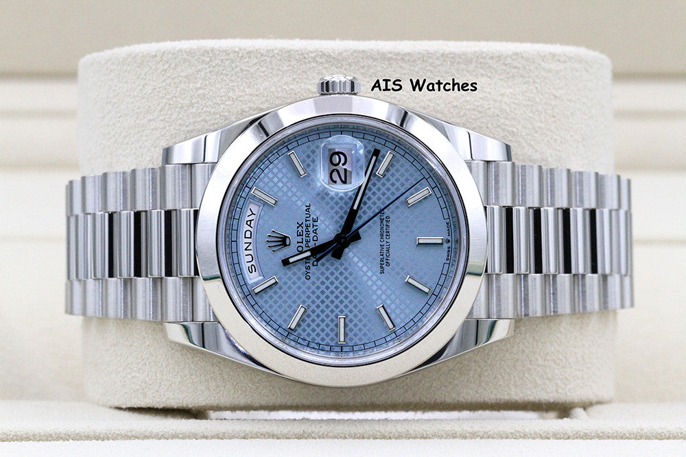 Rolex 228206 Platinum DayDate 40MM DD40 Ice Blue Diagonal Motif Dial B&P