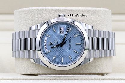 Rolex 228206 Platinum DayDate 40MM DD40 Ice Blue Diagonal Motif Dial B&P