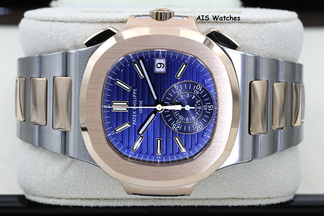Patek Philippe Nautilus 5980/1AR Chronograph 18K Rose Gold / Stainless Steel Blue Dial Box & Papers