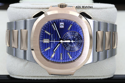 Patek Philippe Nautilus 5980/1AR Chronograph 18K Rose Gold / Stainless Steel Blue Dial Box & Papers