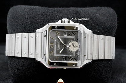 Cartier Santos De Cartier Large Steel WSSA0076 Dual Time GMT Grey Dial Box & Papers