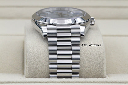 Rolex 228206 Platinum DayDate 40MM DD40 Ice Blue Diagonal Motif Dial B&P