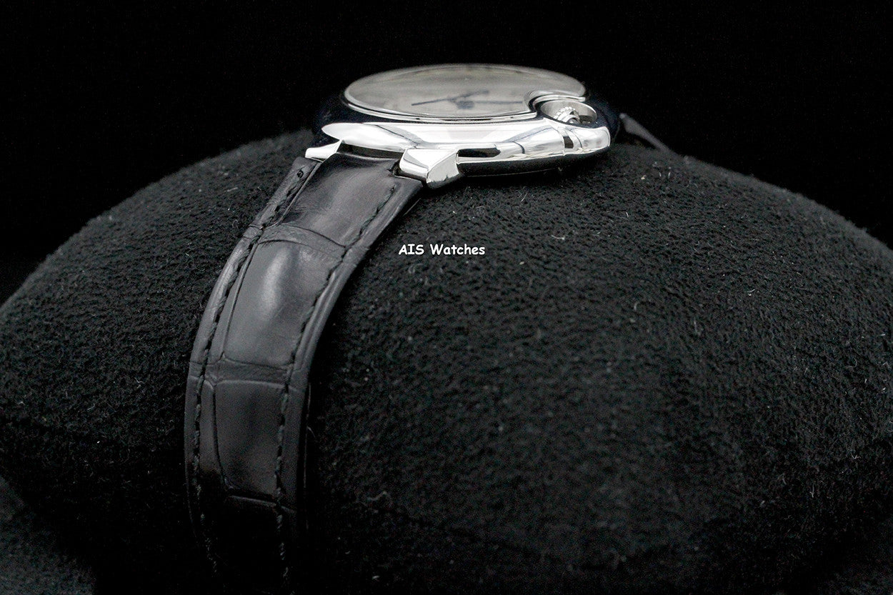 Cartier Ballon Bleu W6920085 SS 33MM Leather Strap Silver Dial Box & Papers