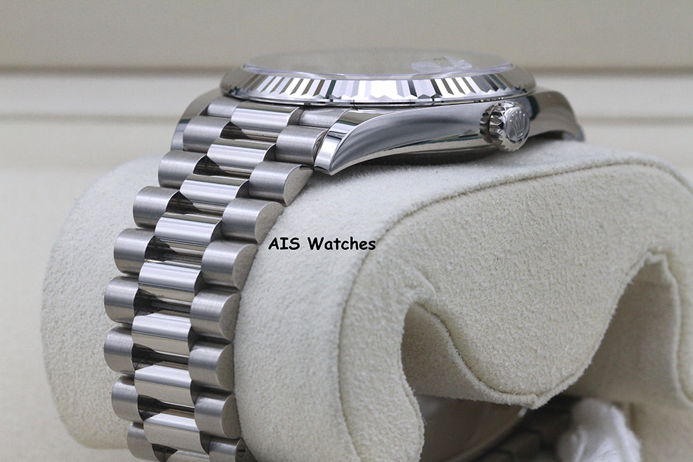 BNIB Rolex 228239 DayDate 40MM DD40 White Gold Diamond Pave Sapphire Baguettes