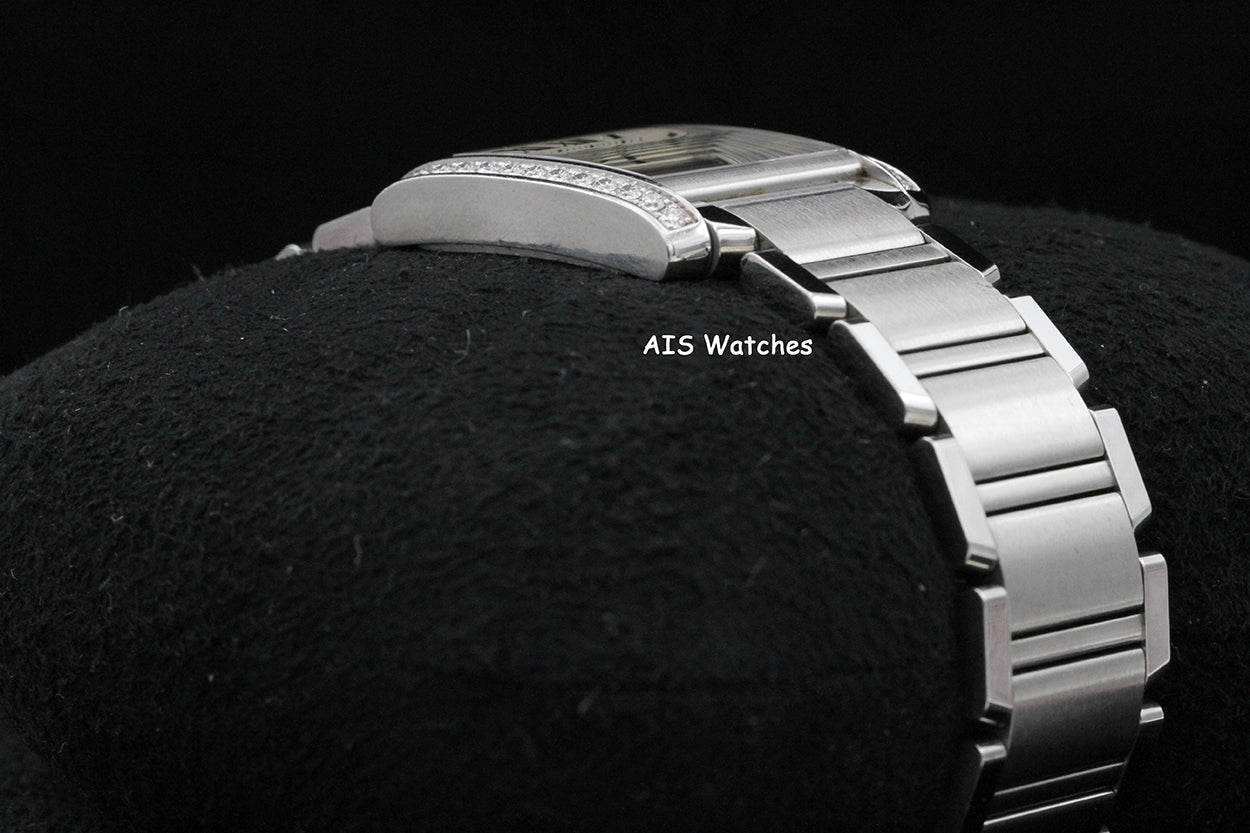 Cartier Tank Francaise W4TA0009 Medium Diamond Bezel Quartz Silver Dial B&P