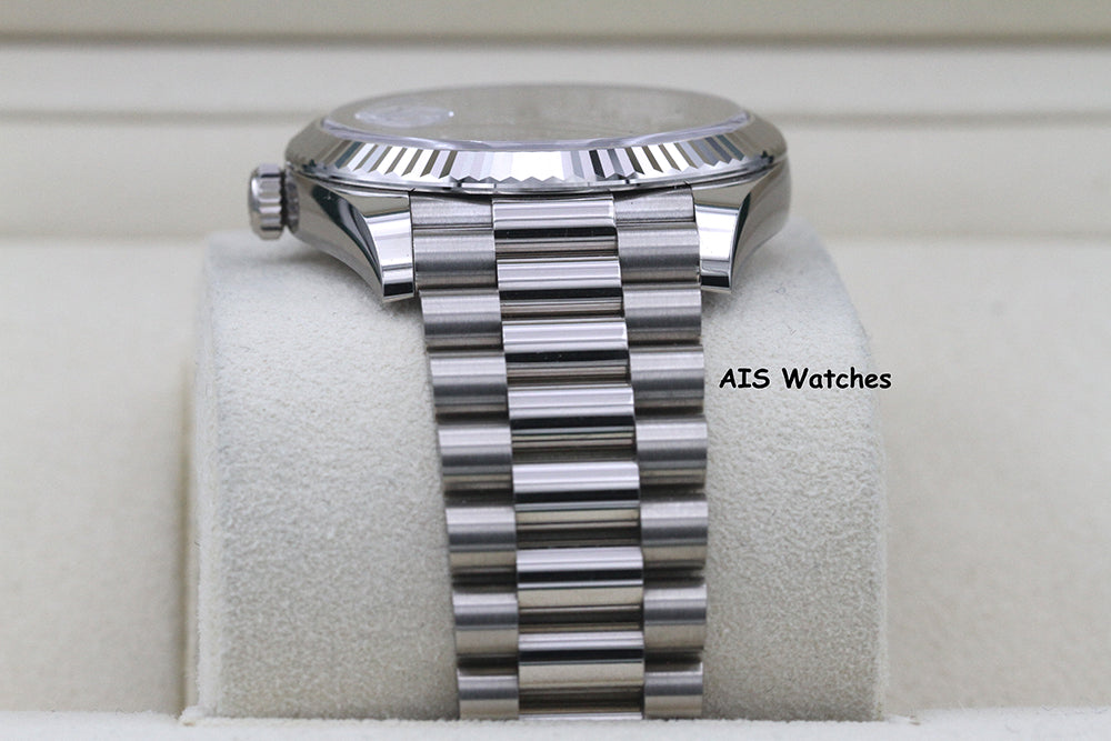 BNIB Rolex 228239 DayDate 40MM DD40 White Gold Diamond Pave Sapphire Baguettes