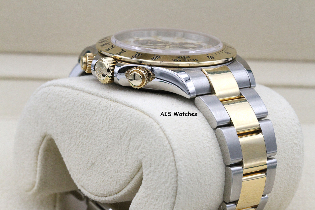 Rolex Daytona 116523 18K YG / SS Panda Arabic Racing Dial Box & Papers