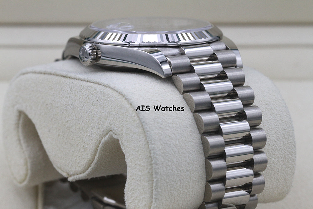 BNIB Rolex 228239 DayDate 40MM DD40 White Gold Diamond Pave Sapphire Baguettes