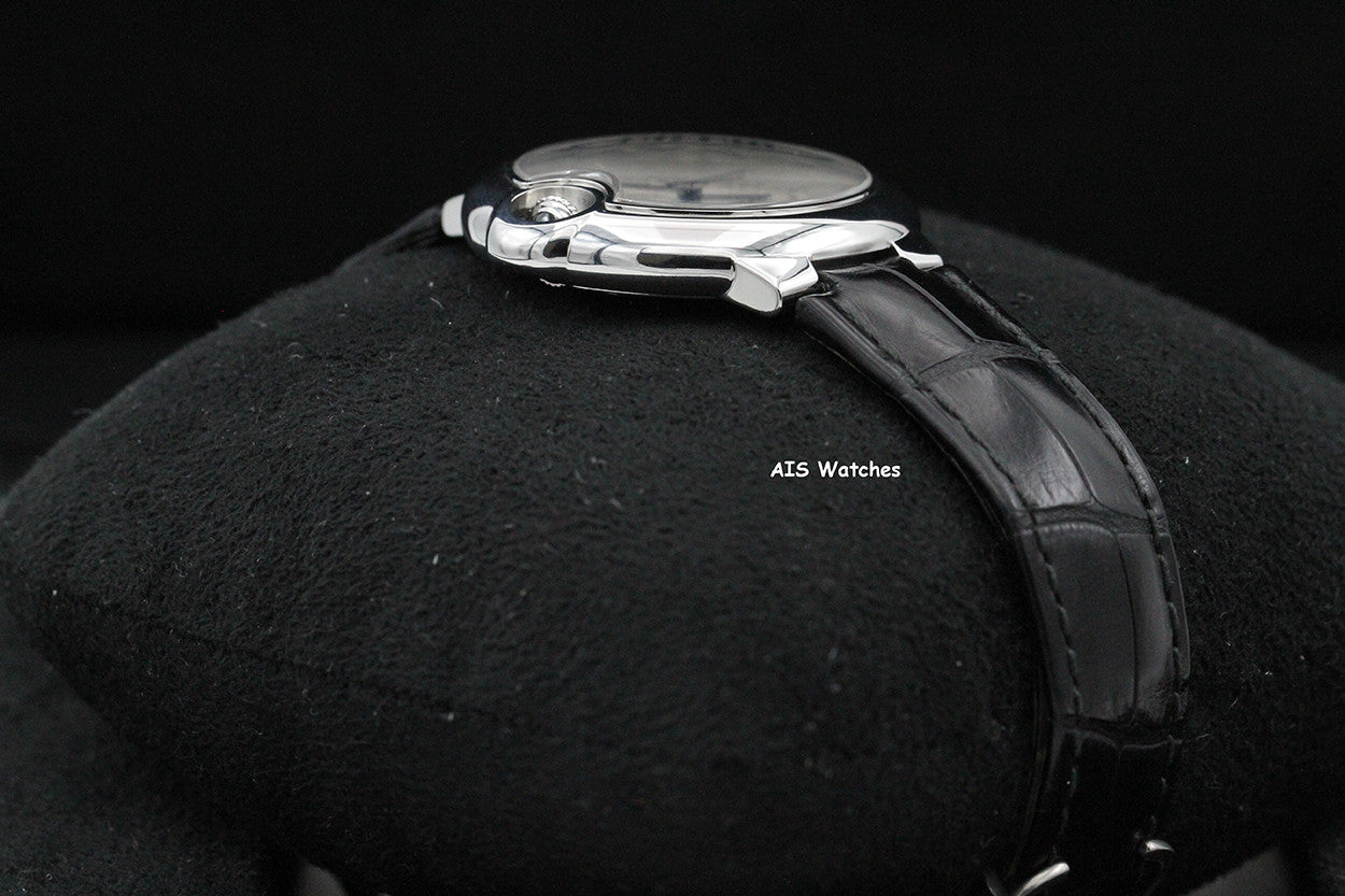 Cartier Ballon Bleu W6920085 SS 33MM Leather Strap Silver Dial Box & Papers